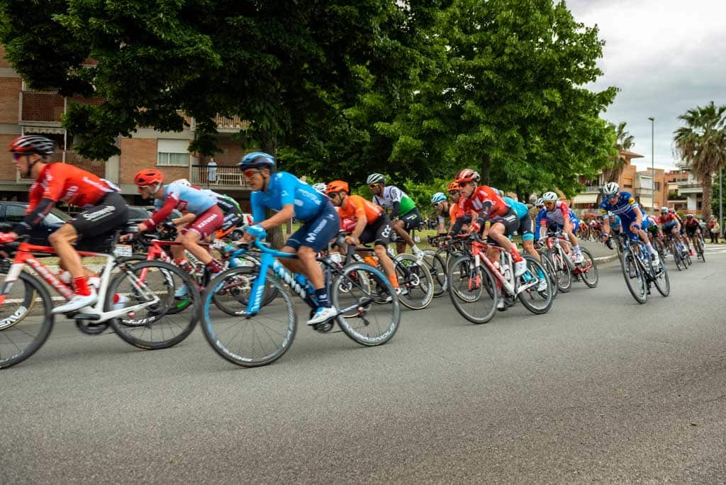 Athletes competing on bicycles in the Tour de France.