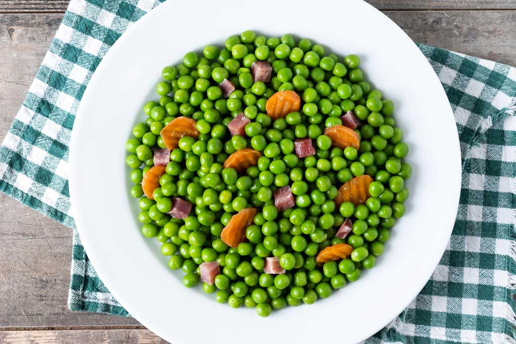 The image shows peas as a high fiber food.