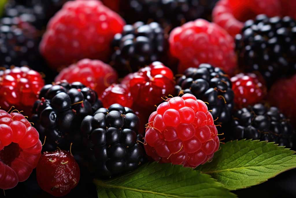 The image shows raspberries as a high fiber food.