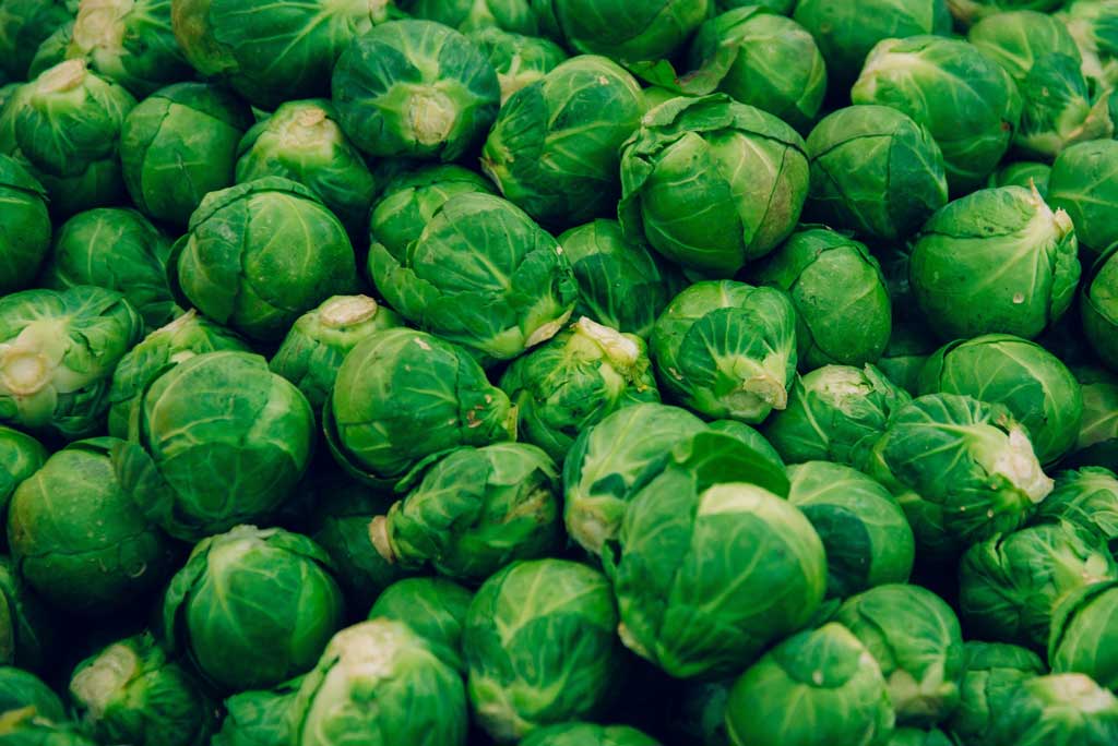 The image shows Brussels sprouts as a high fiber food.